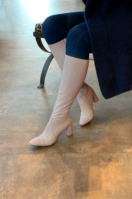 Powder pink women's feminine knee-high boots. Round toe. High block heels. Made to measure. Worn view - Florence KOOIJMAN